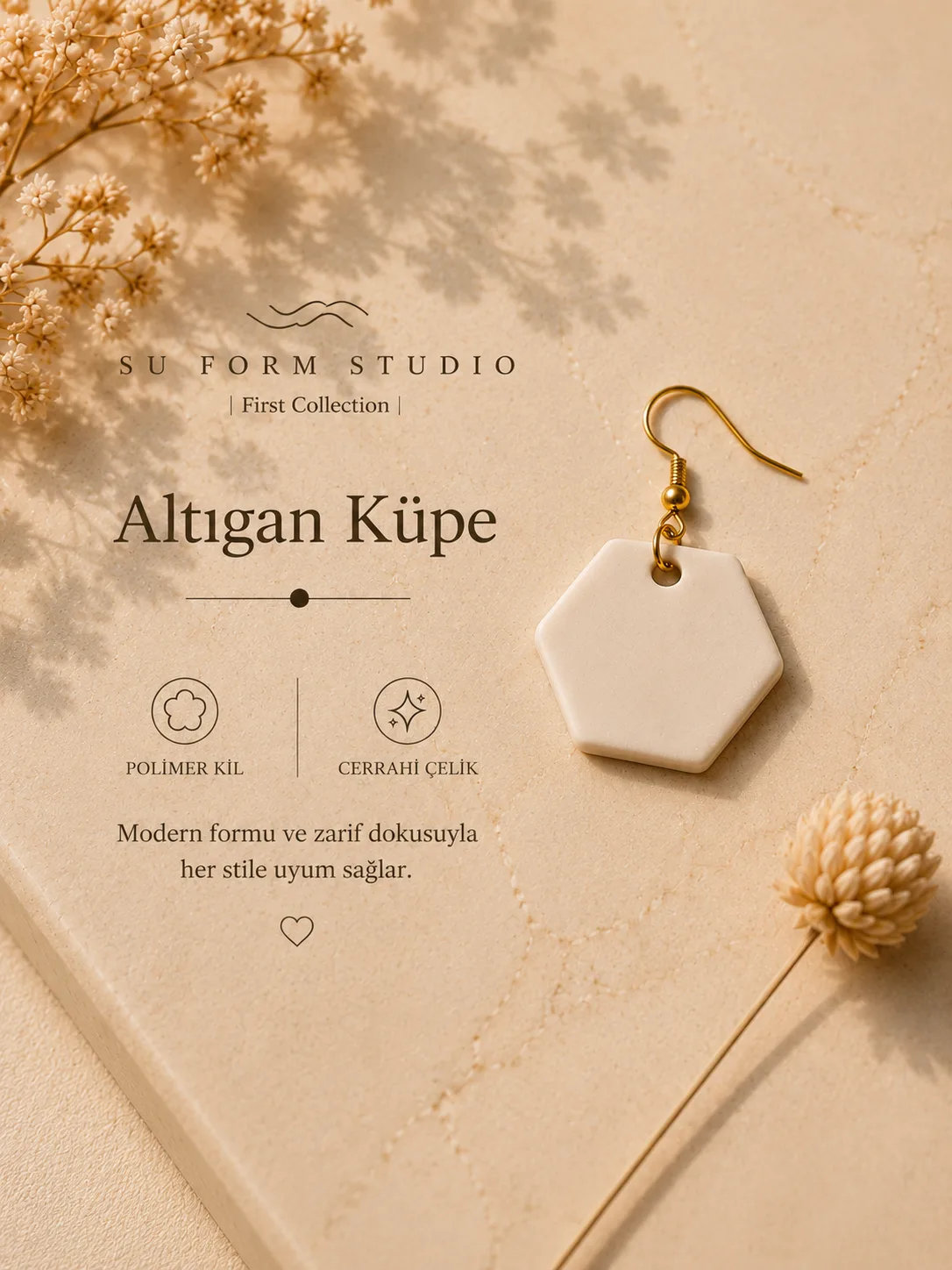 Altıgen Küpe — Bej