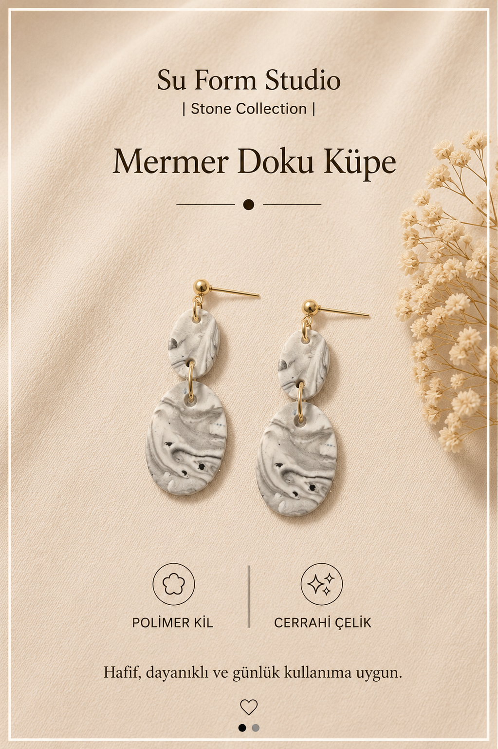Mermer Doku Küpe — Siyah, Beyaz ve Gri