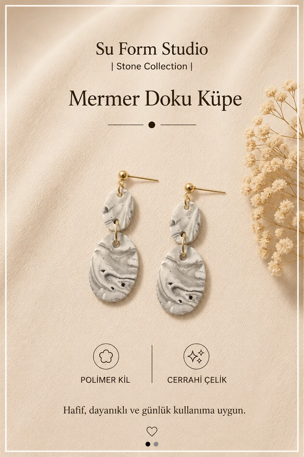 Mermer Doku Küpe — Siyah, Beyaz ve Gri