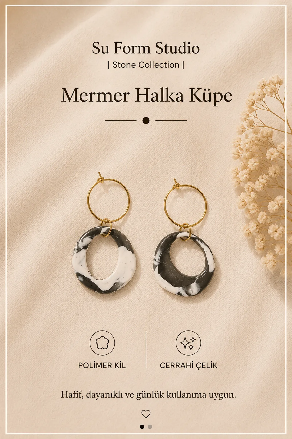 Mermer Halka Küpe — Siyah & Beyaz